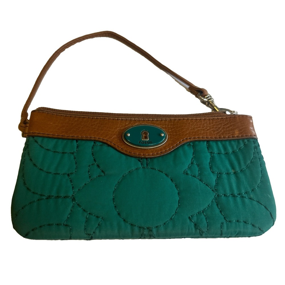 Fossil Key-Per Teal Quilted Wristlet Leather Trim ID Coin Zip Wallet 4"x7"
